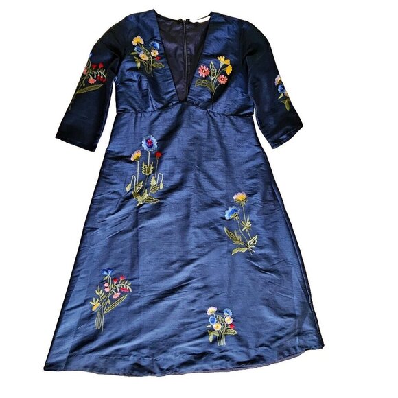 Wayward Fancies eShakti L Floral Embroidery Dupioni Midi Empire Indigo Dress - Picture 5 of 16